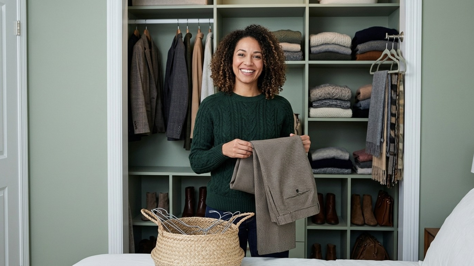 Woman organizing seasonal clothing in a custom closet with shelves, jackets, sweaters, and shoe storage