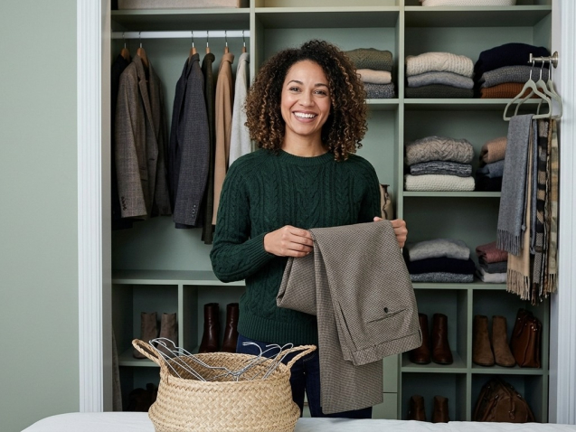Woman organizing seasonal clothing in a custom closet with shelves, jackets, sweaters, and shoe storage