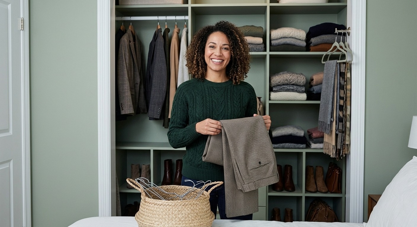 Woman organizing seasonal clothing in a custom closet with shelves, jackets, sweaters, and shoe storage